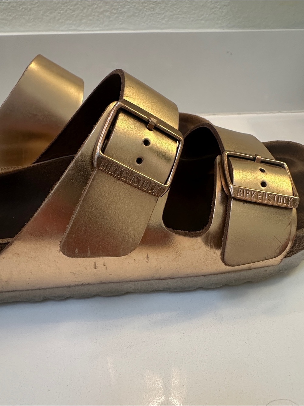 Metallic Gold Birkenstock Double-Buckle Slide Sandals - Picture 3 of 9